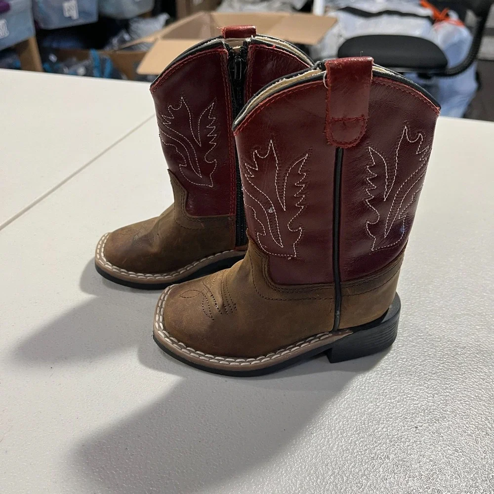 Old West Brown And Red Leather Square Toe Western Cowboy Boots Youth 4 D